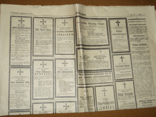 helsingin sanomat.22,3-1940