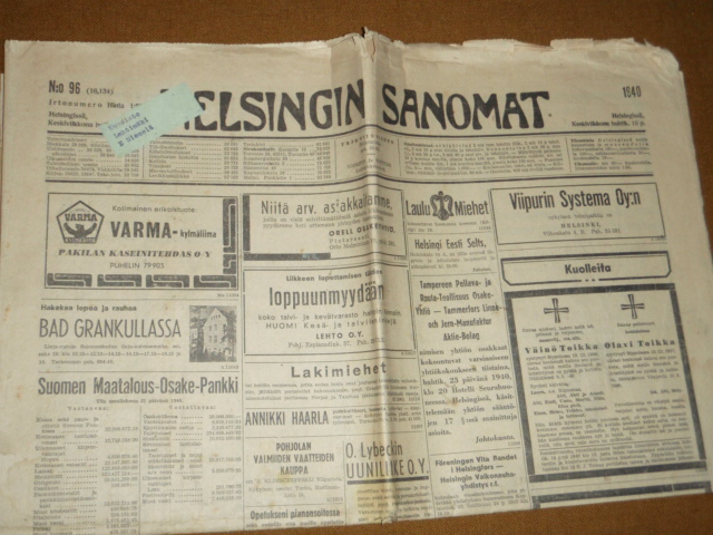 helsingin sanomat.10,4-1940