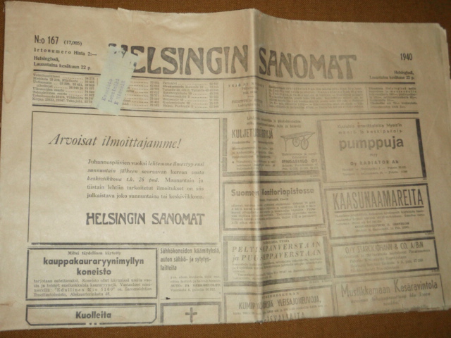 helsingin sanomat.22,6-1940.
