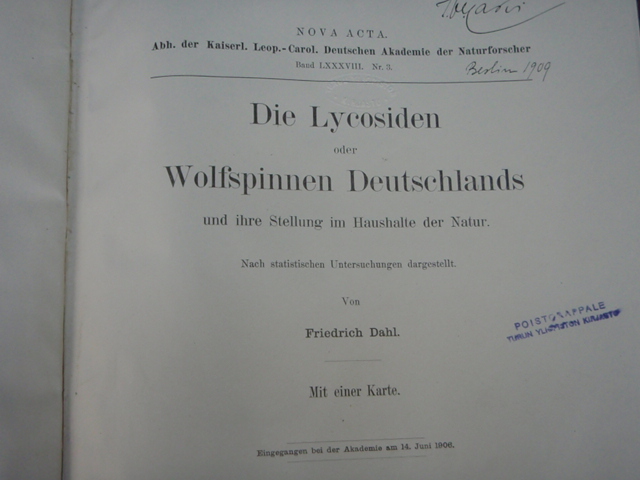 nova acta.DIE LYCOSIDEN  oder WOLFSPINNEN DEUTSCLANDS.