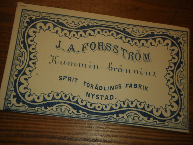 J.A.FORSSTRÖM.kummin bränvin. ETKETTI.