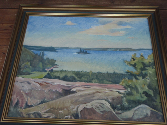 RAUTIAINEN KALLE. maisema ja saari keskellä.öljy/kangas.